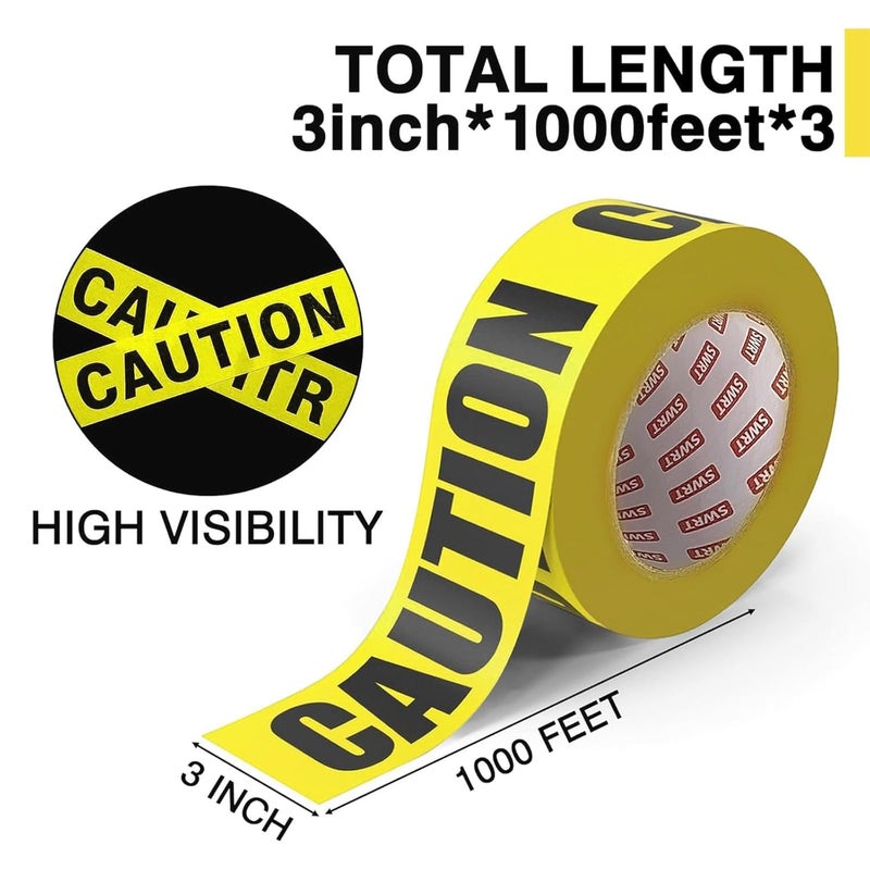 SWRT 3 Rolls Premium Yellow Caution Tape, 3 Inch x 1000FT(Total 3000FT) Bright Hazard Tape with Bold Black Text for Danger Zones/Sporting Events, Construction Tape for Crime Scenes/Halloween Decor - Image 2